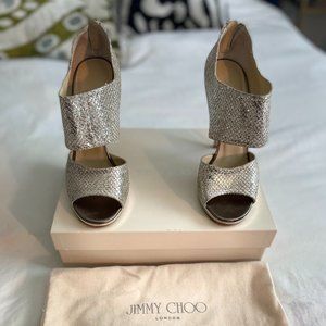Jimmy Choo Glitter Champagne Fabric Heels